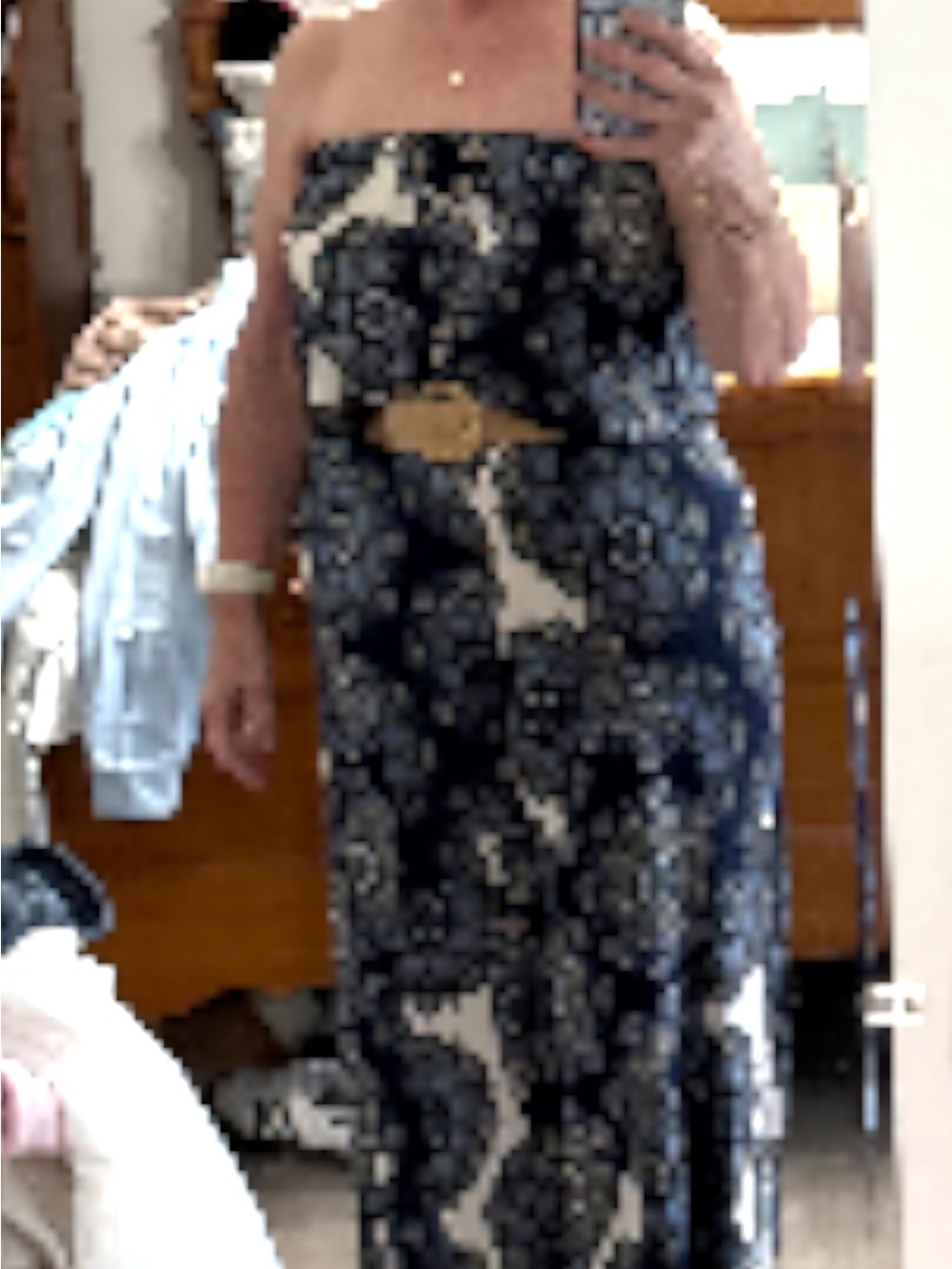 Navy Strapless Floral jumpsuit with Tassel Belt Accent not shown